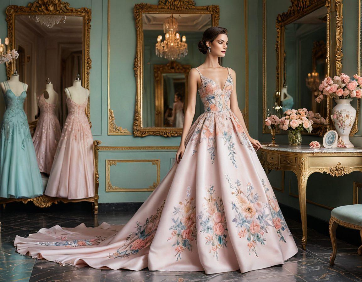 A graceful model draped in an elegant gown, exuding a sense of sophistication and poise, surrounded by soft pastel colors and delicate floral motifs. The background features a luxurious dressing room with mirrors and vintage fashion sketches. The overall atmosphere is calm yet inspiring, radiating a sense of fashion success through elegance. super-realistic. vibrant colors. soft focus.