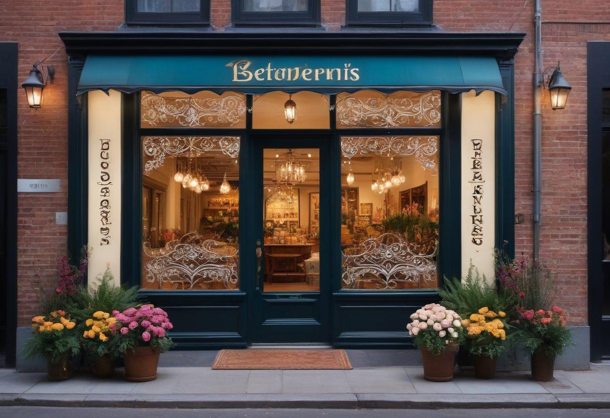 A captivating scene illustrating a vintage storefront with a beautifully crafted sign featuring an elegant brand name. Surrounding the shop, a diverse group of engaged customers admire the aesthetics and discuss the branding's charm. Soft, warm lighting casts an inviting glow, emphasizing the beauty of the name and the overall ambiance. Incorporate elements like blooming flowers and stylish decor to enhance the inviting atmosphere. super-realistic. vibrant colors. soft focus.